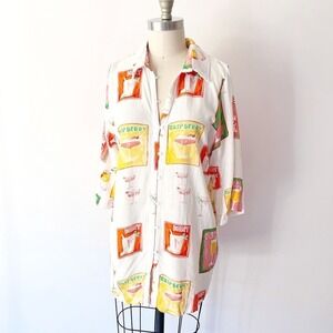 Label of Love Cocktail Print Shirt White Linen Blend‎ Oversized Graphic S